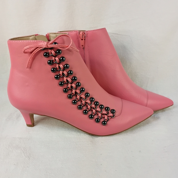 Kurt Geiger London Pink Leather Ankle Boots Kitten Heel Side Lace Beaded 37 US 7 - Picture 8 of 16